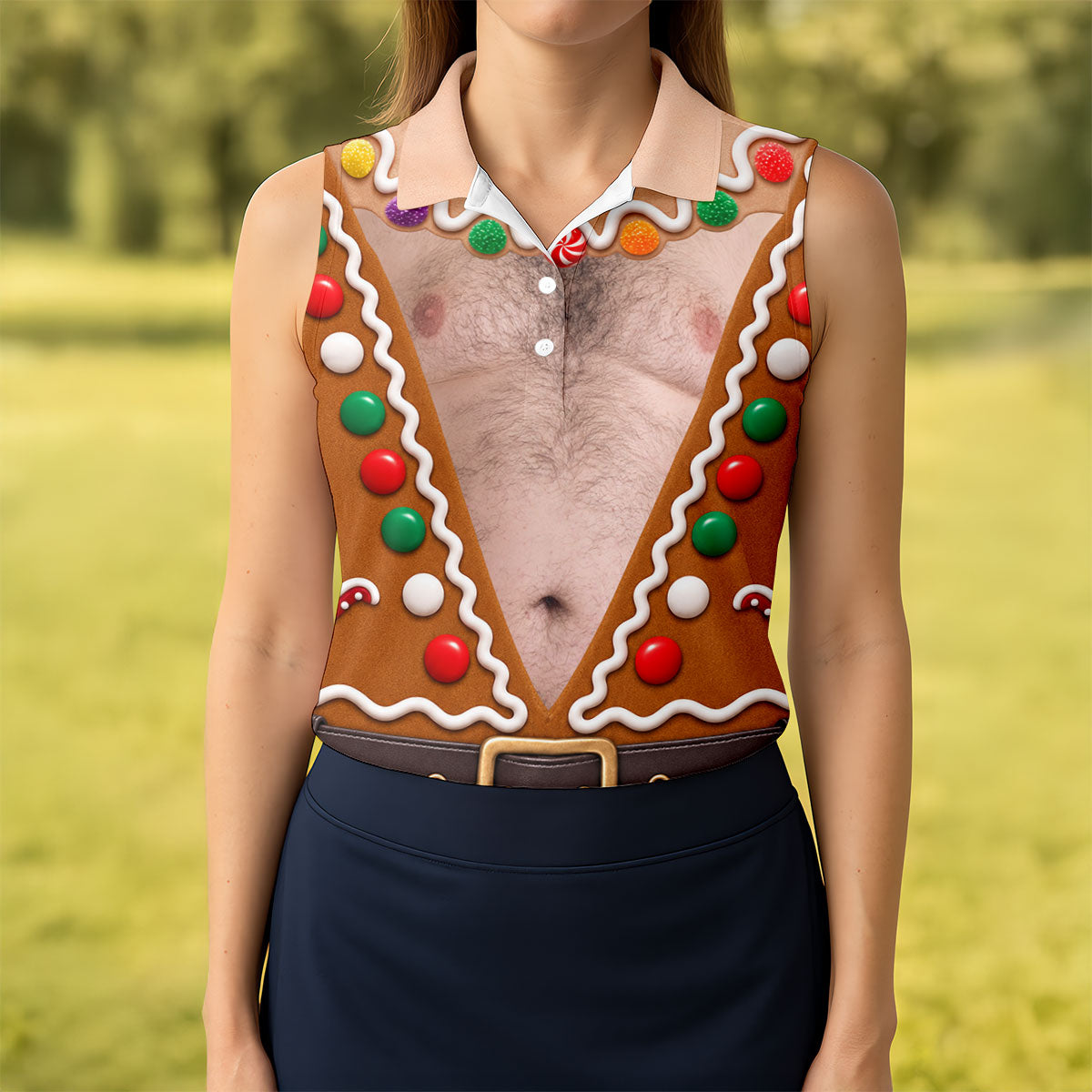 Funny Christmas Gingerbread Costume Polo Shirt, Ladies Golf Top, Women’s Golf Apparel