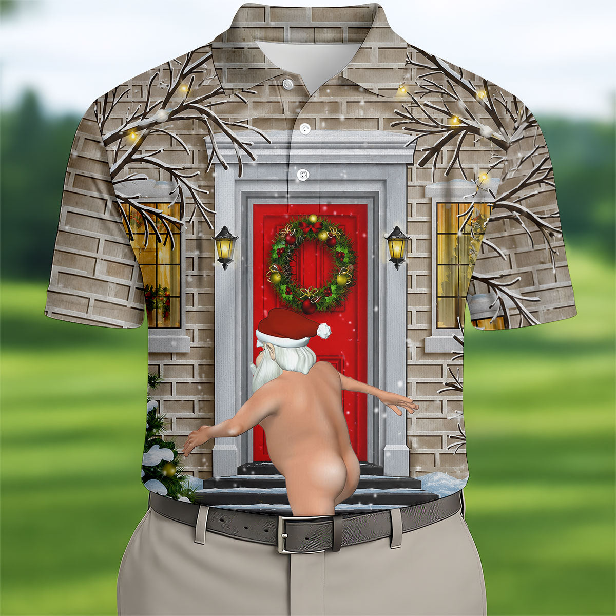Men's Streaking Santa Doorbell Golf Shirt, Christmas Golf Shirt, Golf Apparel For Men