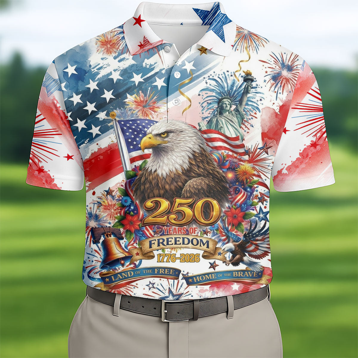Land Of The Free Red White Blue Water Color Print 4th Of July Golf Shirt, 250 Years Golf Shirts For Men