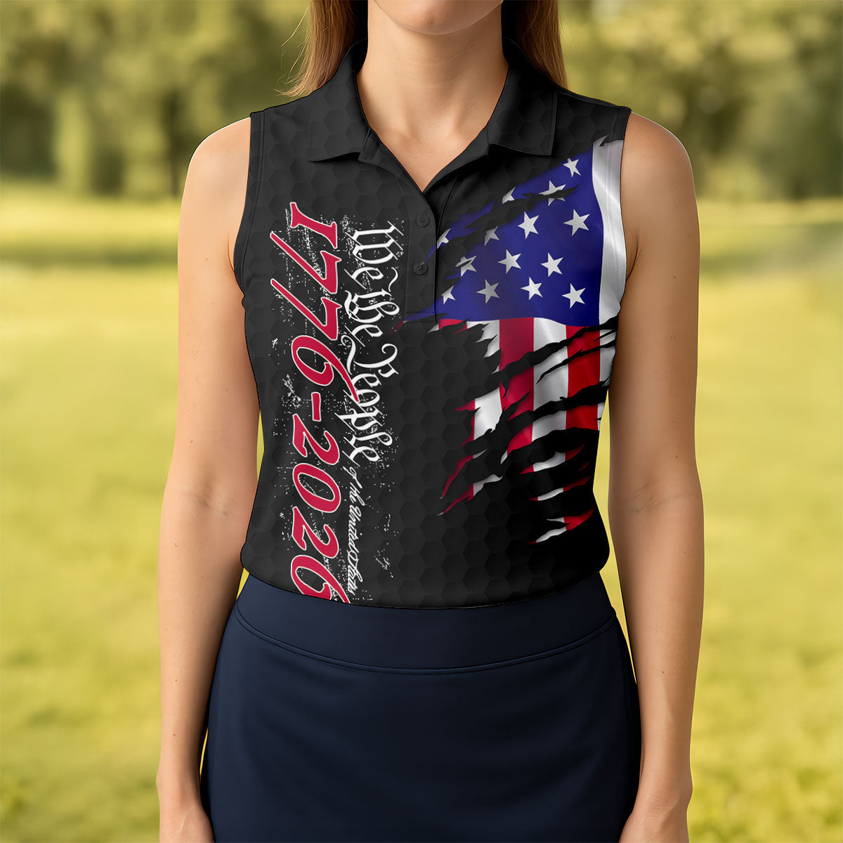 We The People Distressed American Flag Black Golf Shirt, 4th Of July Golf Shirt For Women