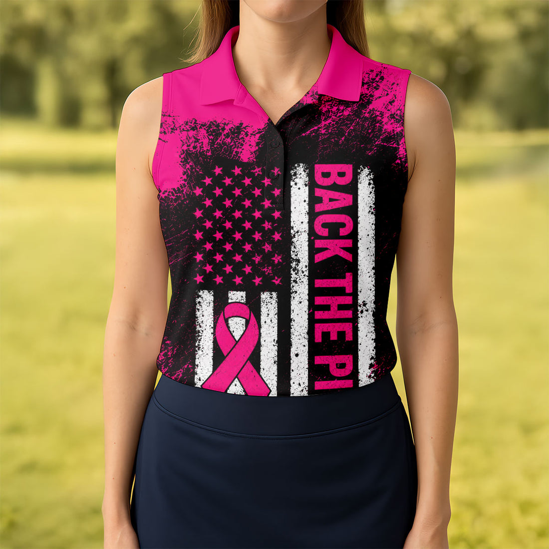 Back The Pink American Flag Breast Cancer Polo Shirt, Women’s Golf Polo, Ladies Golf Top