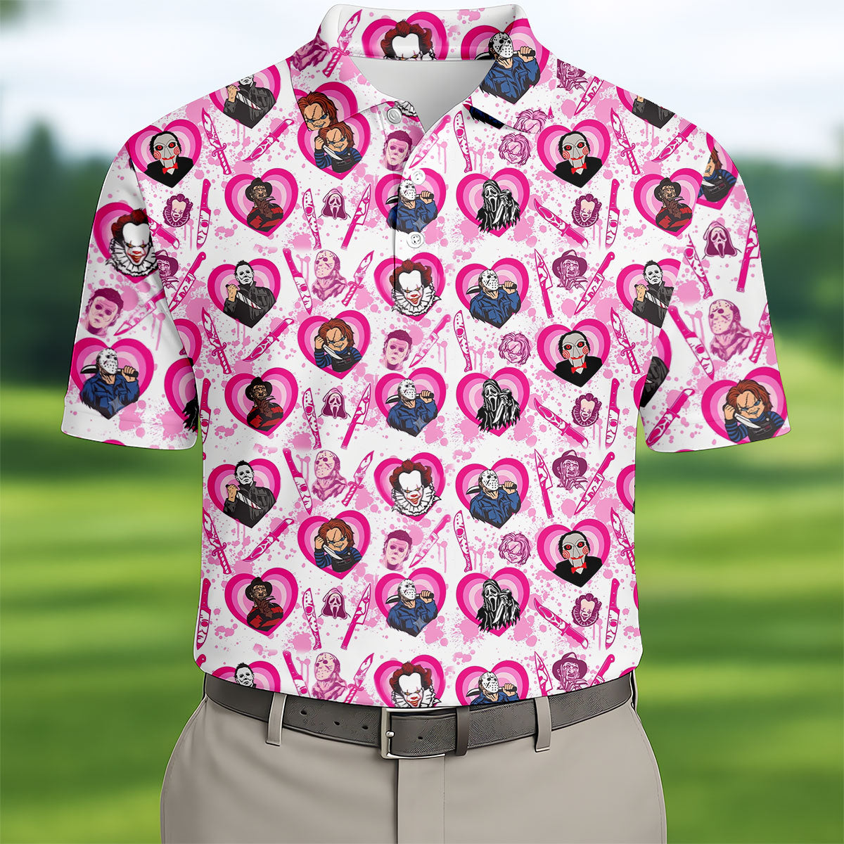 Pink Horror Character Pattern Golf Polo Shirt for Men Halloween Golf Apparel Printed Golf Shirts