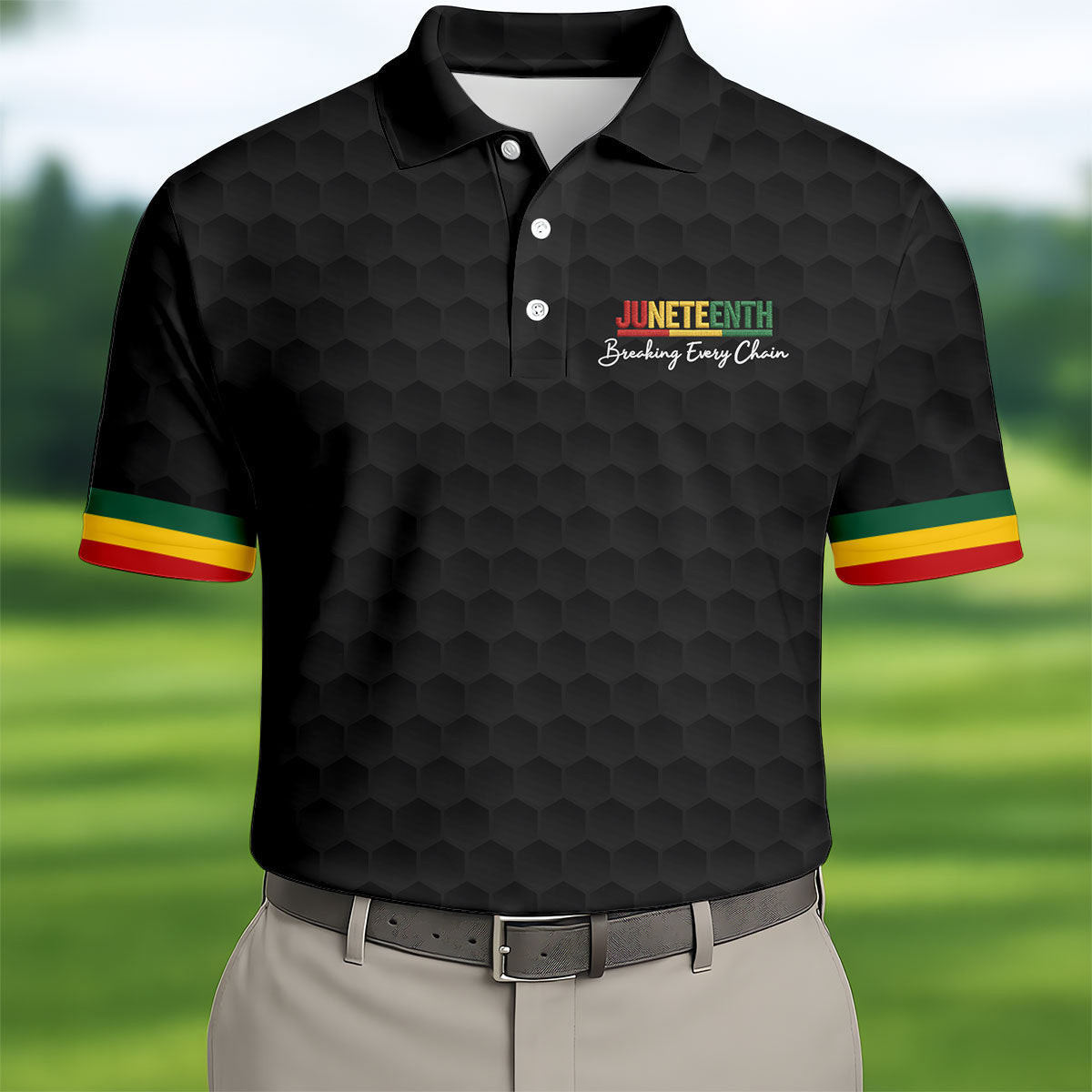 Juneteenth Breaking Every Chain Golf Ball Pattern Golf Tops For Men, Black Heritage Day Golf Shirts For Men