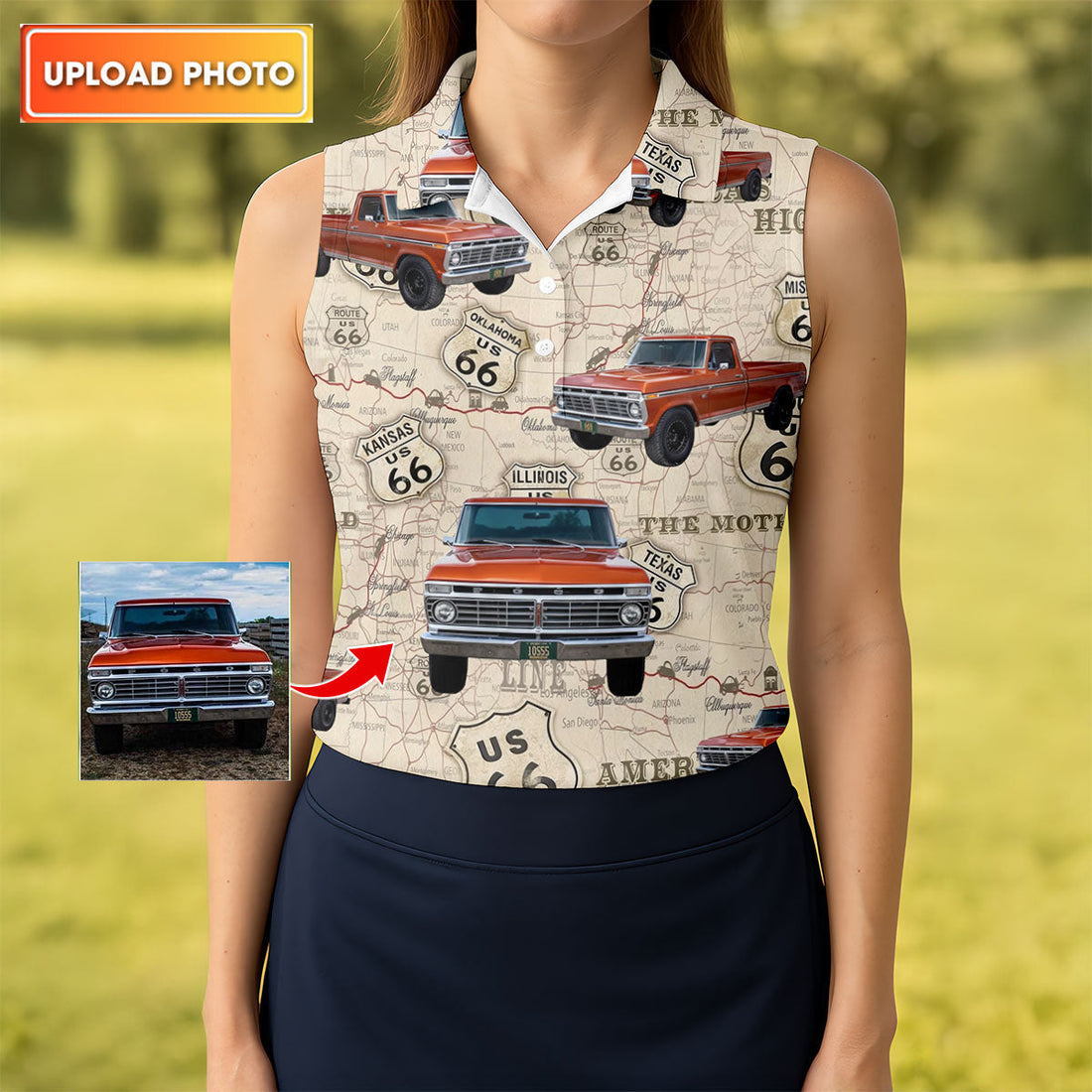 Custom Photo Truck Golf Shirt, Vintage Pickup Route 66 Map Pattern, Golf Shirt For Women