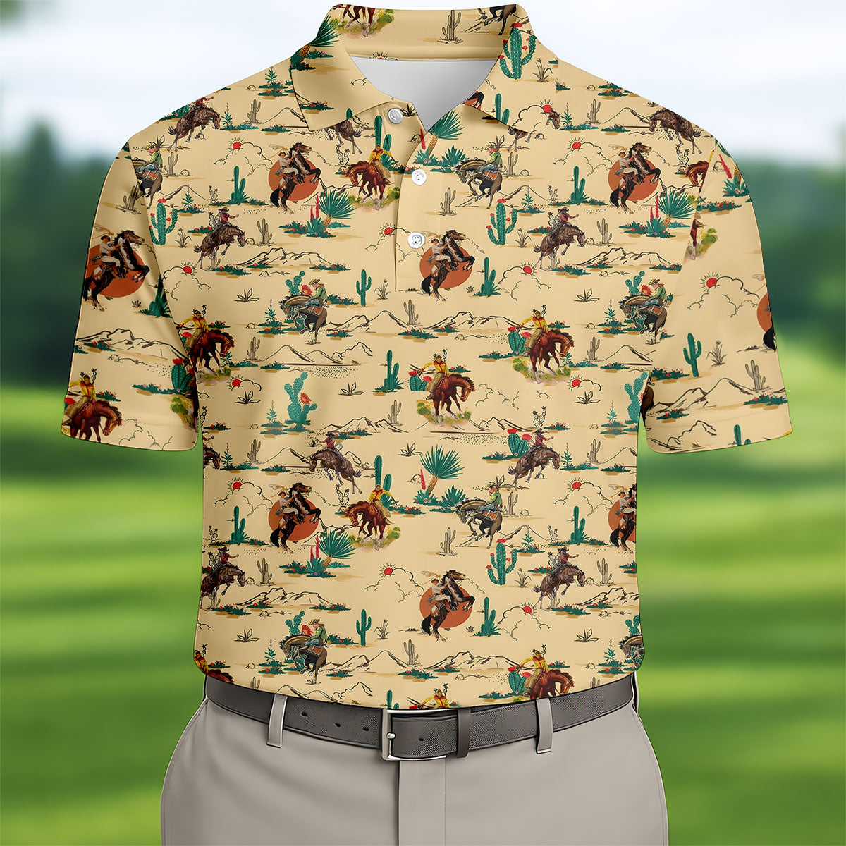 Vintage Cowboy Rodeo Desert Pattern Hawaiian Golf Shirt, Mens Golf Polo, Printed Golf Shirts