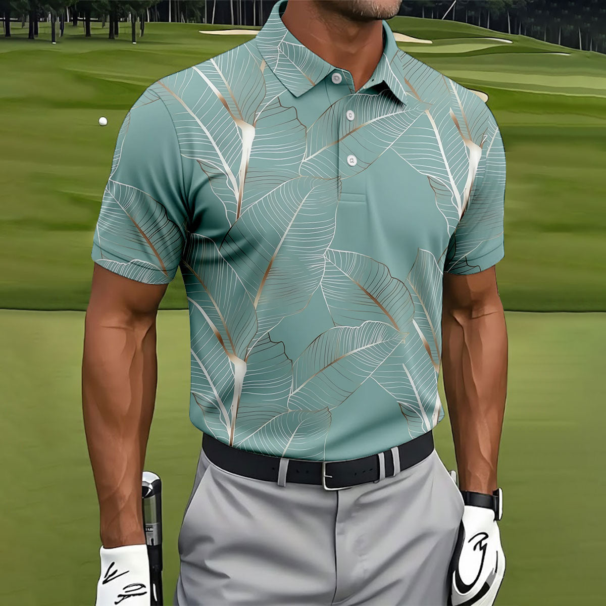 Tropical Leaves Blue Grey Golf Shirt, Summer Hawaiian Golf Shirt, Golf Shirts For Men