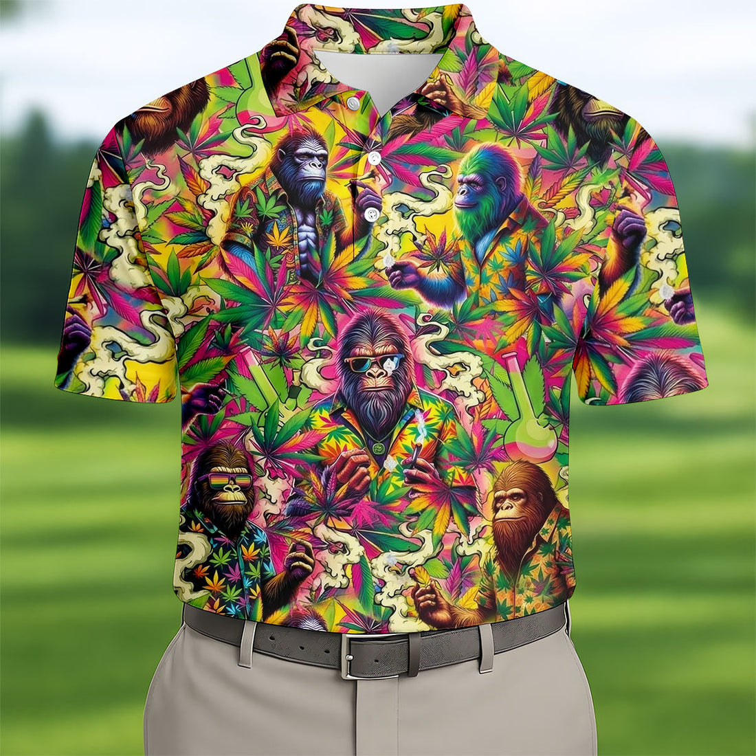 Psychedelic Bigfoot Cannabis Leaf Hawaiian Polo Shirt, Mens Golf Shirts, Golf Apparel For Men