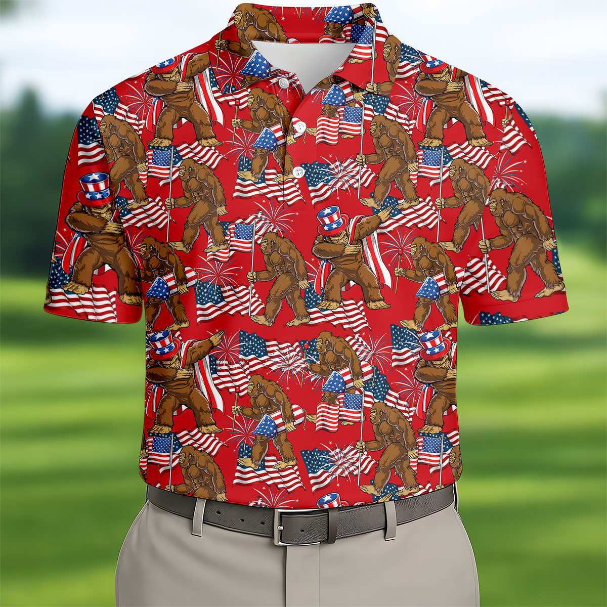 US Flag Pattern 250 Years Bigfoot Golf Shirt, Patriotic 4th Of July Golf Shirts For Men
