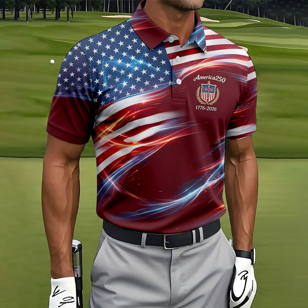 America 250 Light Effect American Flag Golf Shirt, Patriotic 4th Of July Golf Shirts For Men