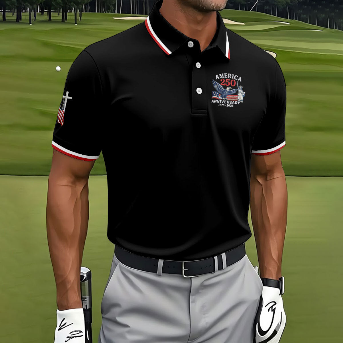 Faith Cross Bald Eagle America 250 Anniversary Black Patriotic Golf Shirt, Golf Shirts For Men
