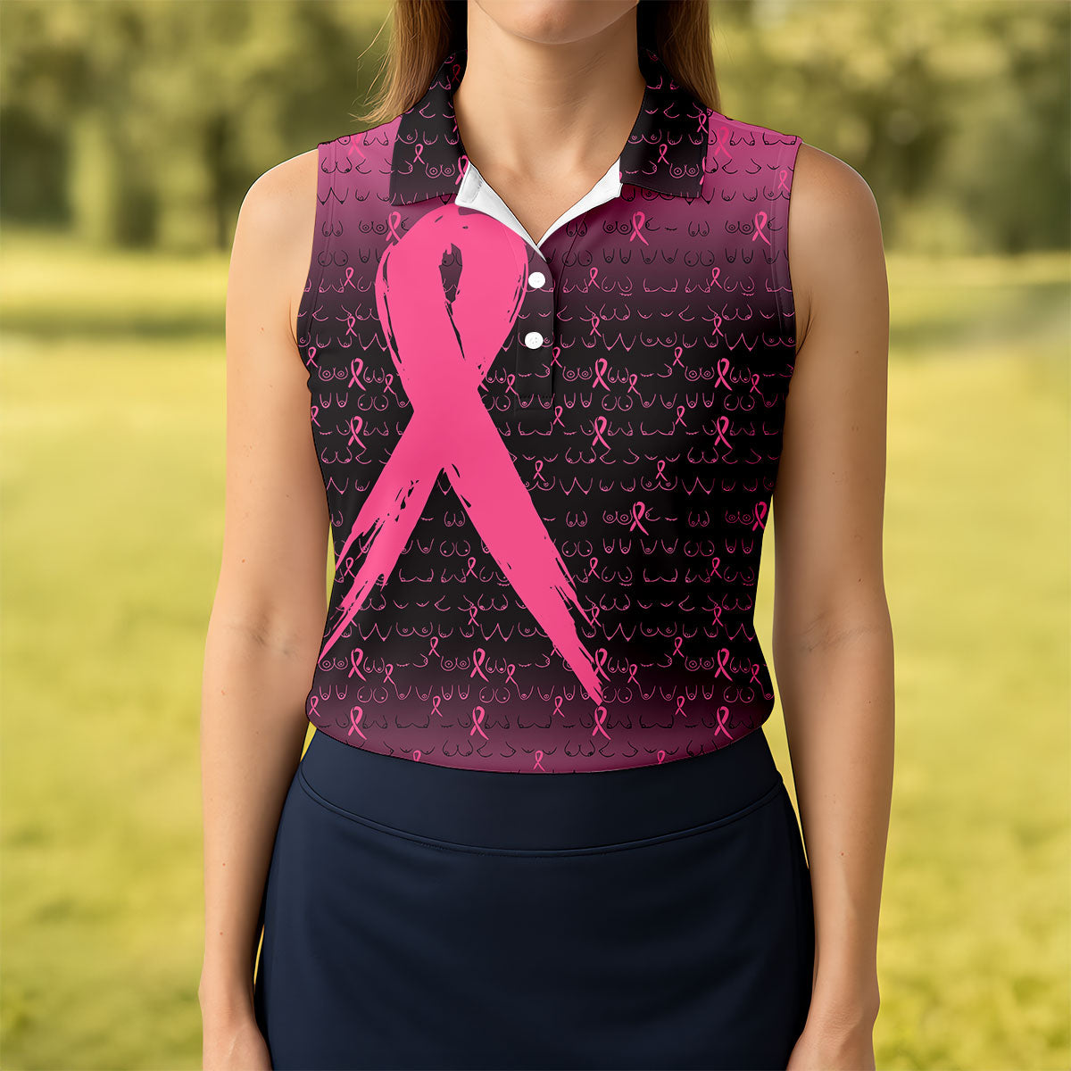 Pink Ribbon Boob Pattern Breast Cancer Polo Shirt, Ladies Golf Tops, Women’s Golf Polo