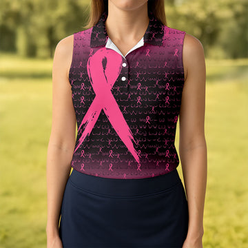 Pink Ribbon Boob Pattern Breast Cancer Polo Shirt, Ladies Golf Tops, Women’s Golf Polo