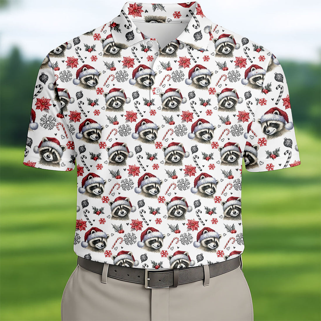 Christmas Raccoon Santa Hat Golf Polo Shirt, Mens Golf Polo, Golf Apparel For Men