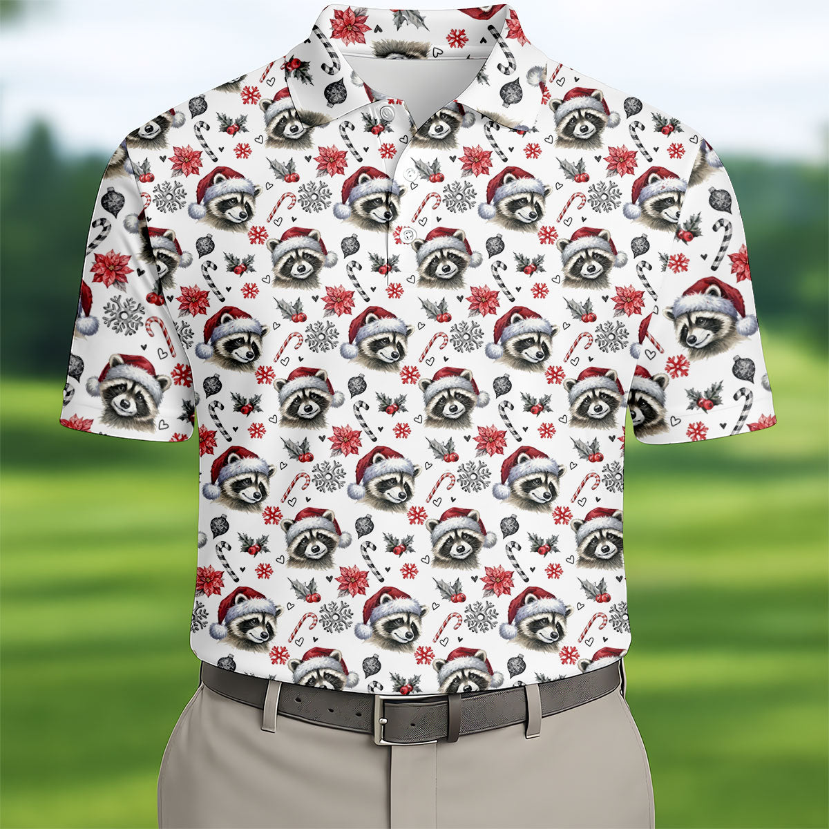 Christmas Raccoon Santa Hat Golf Polo Shirt, Mens Golf Polo, Golf Apparel For Men