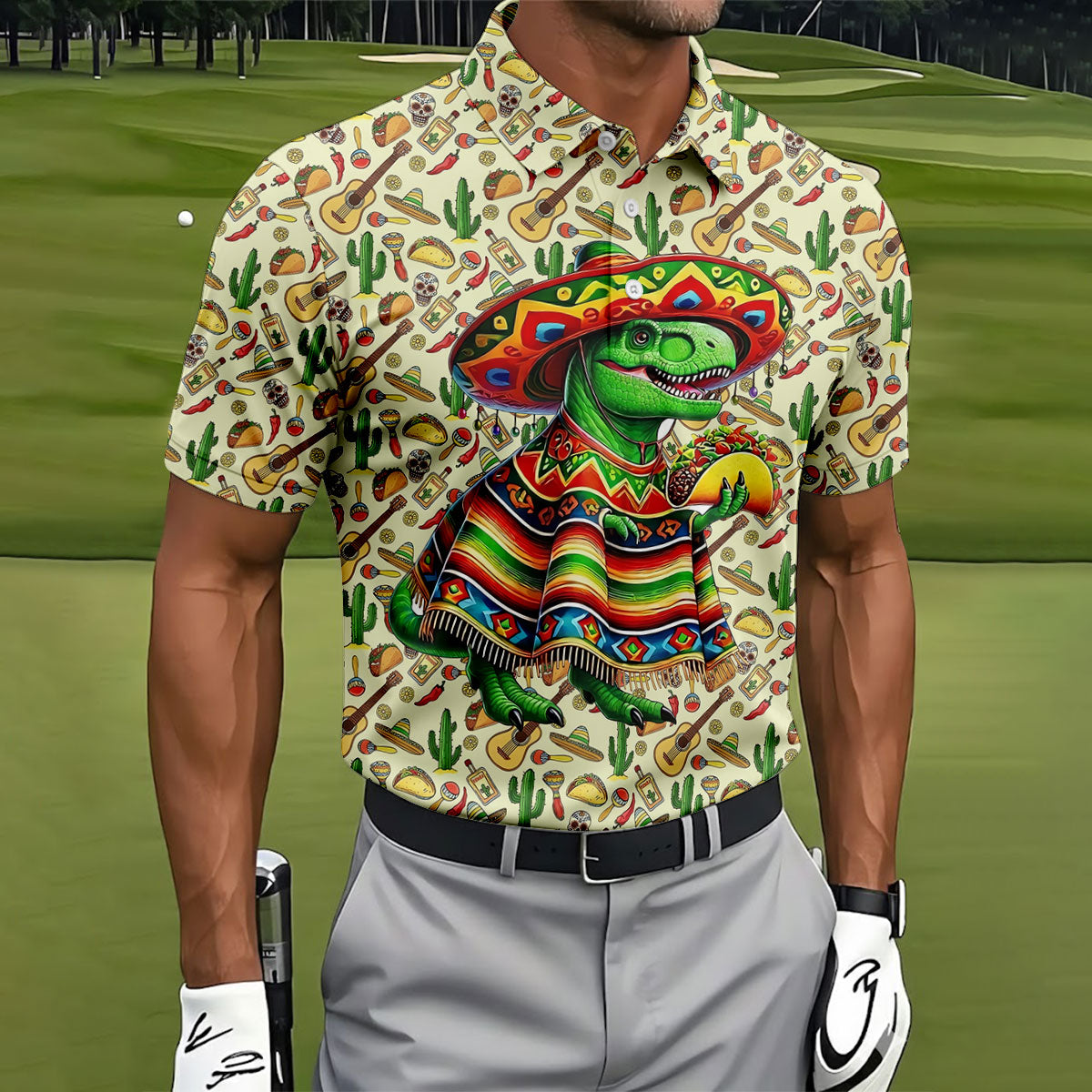 Dinosaur Taco Fiesta Time Golf Tops For Men, Cinco De Mayo Celebration Golf Shirts For Men