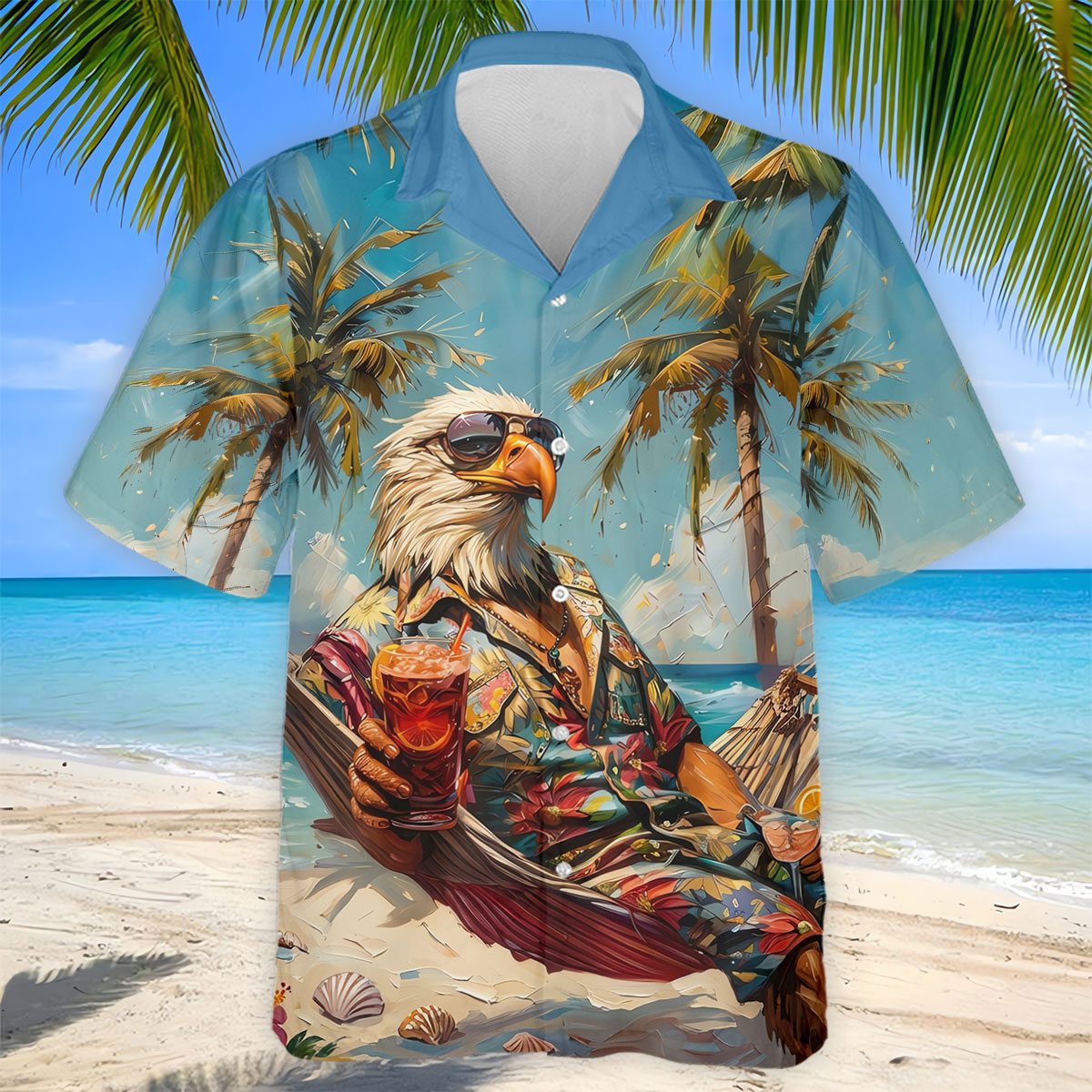 Cool Bald Eagle Tropical Vacation Hawaiian Golf Shirt, Vibrant Color Golf Shirts For Men