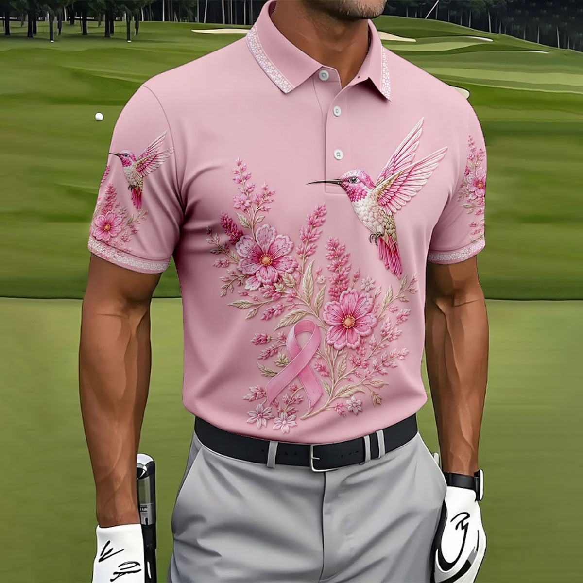 Hummingbird Floral Breast Cancer Ribbon Polo Shirt, Mens Golf Polo, Golf Apparel For Men