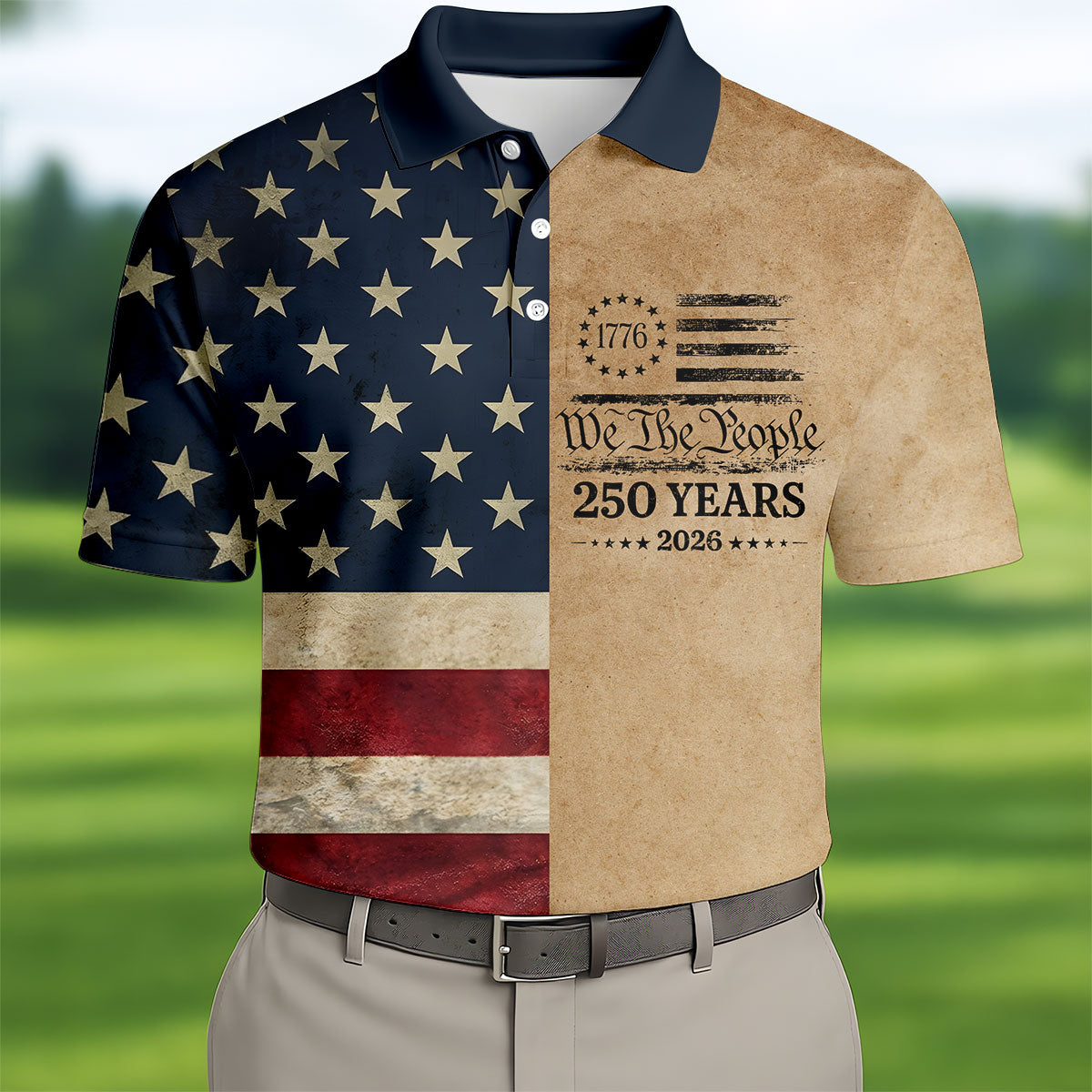 We The People 250 Years US Flag Pattern Patriotic Golf Shirt, 4th Of July Golf Shirts For Men