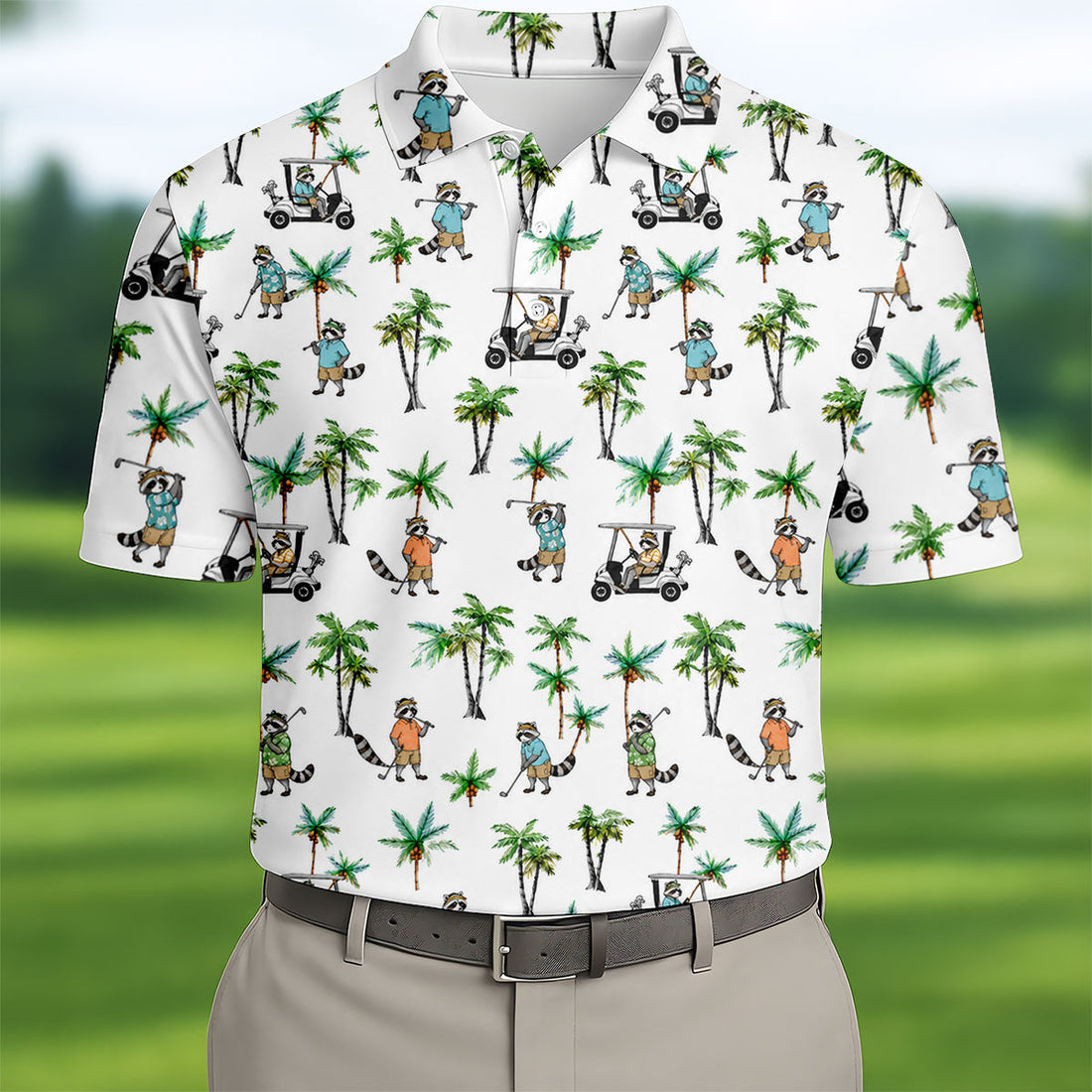 Funny Raccoon Tropical Golf Pattern Polo Shirt, Mens Golf Polo, Printed Golf Shirts
