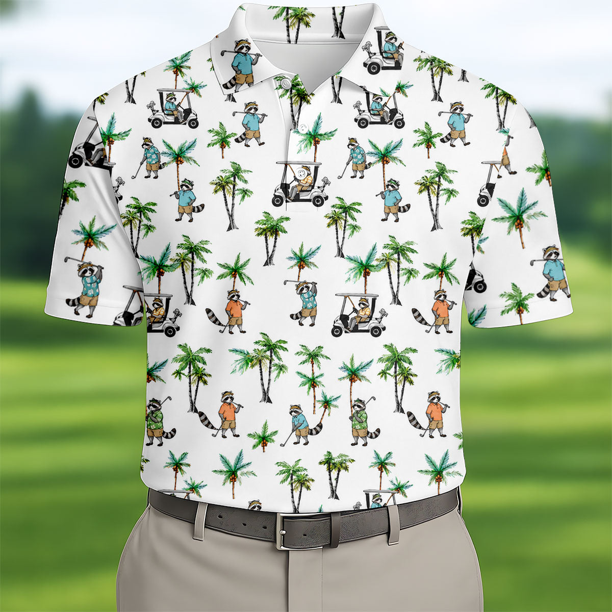 Funny Raccoon Tropical Golf Pattern Polo Shirt, Mens Golf Polo, Printed Golf Shirts