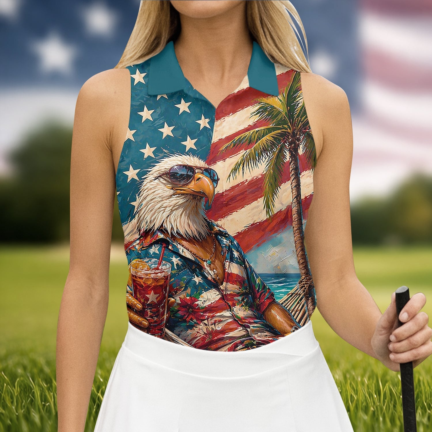 Cool Bald Eagle 250 Years American Flag Golf Shirt, Patriotic 4th Of July Golf Shirt For Women