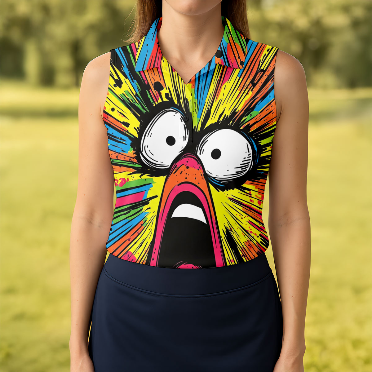 Screaming Face Colorful Retro Hawaiian Golf Shirt, Fun Women's Golf Shirts