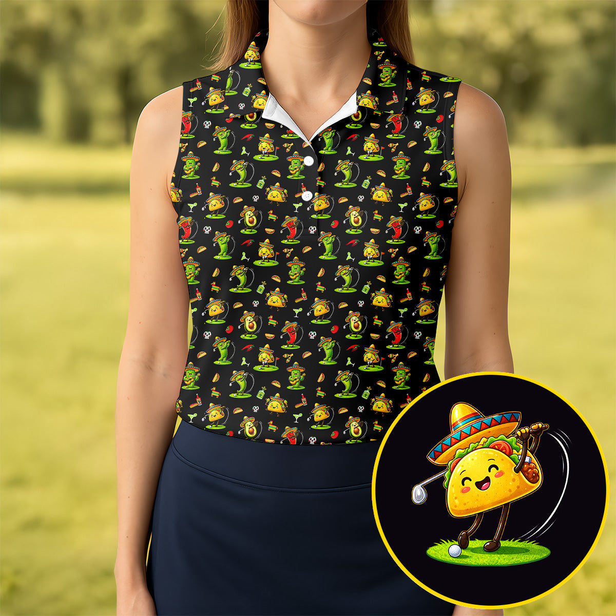 Mexican Cartoon Food Characters Cinco De Mayo Celebration Fiesta Themed Black Golf Shirt For Women
