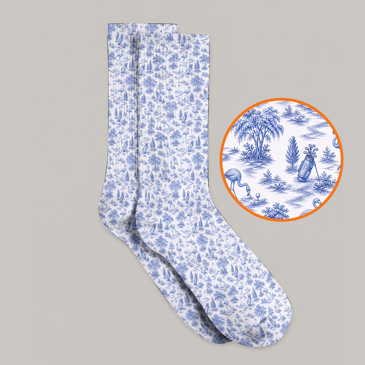 Toile De Jouy Flamingo Golf Crew Sock, Crazy Pink Golf Socks, Golf Gift For Golfer