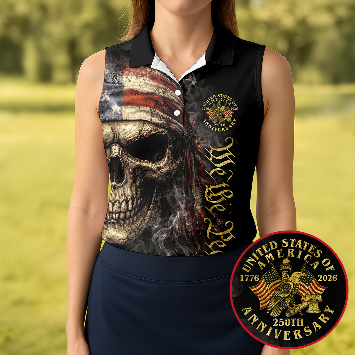 USA 250th Anniversary We The People Patriotic Skull Golf Shirt, 4th Of July Golf Shirt For Women