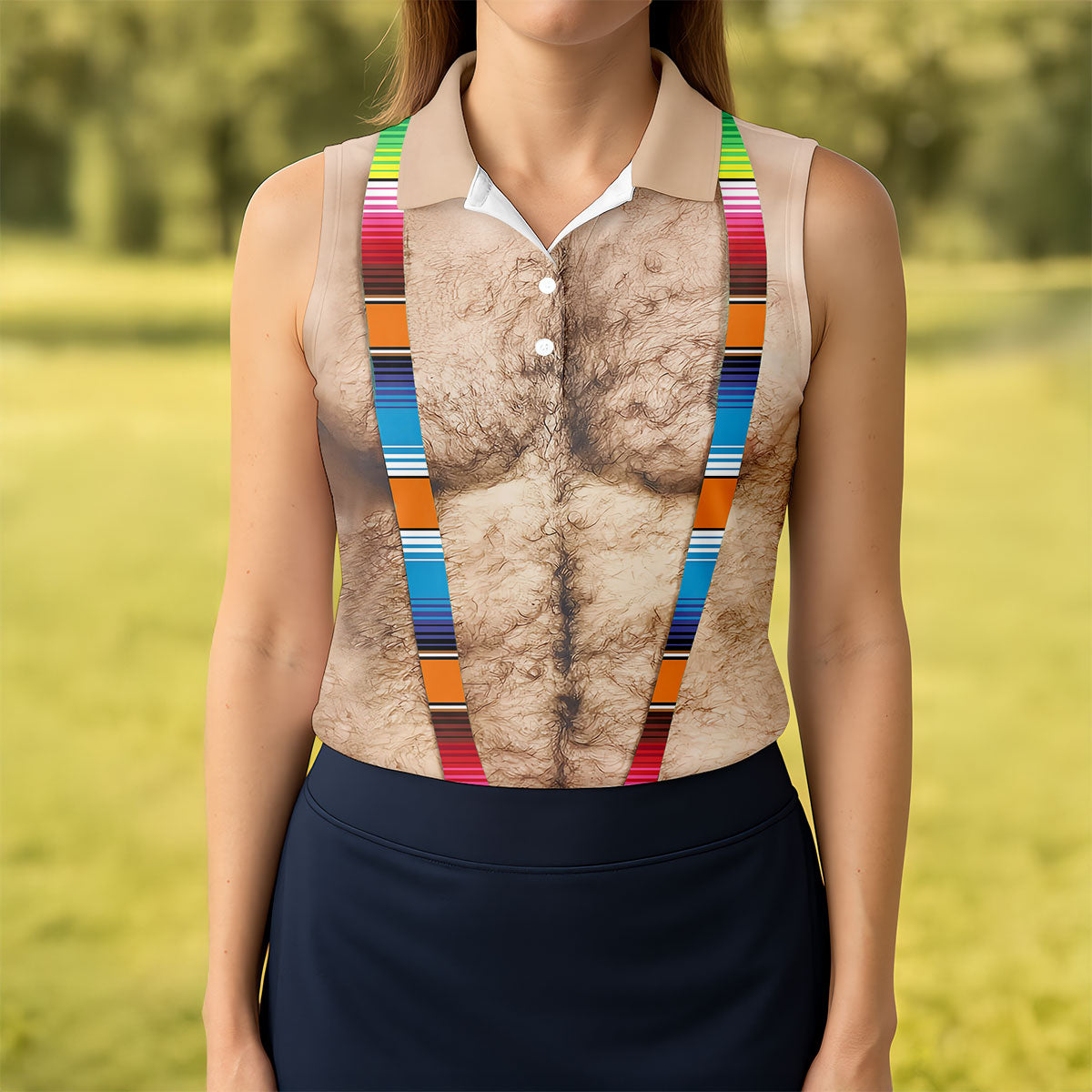 Hairy Body Serape Pattern Funny Cinco De Mayo Ladies Golf Tops, Golf Shirt For Women