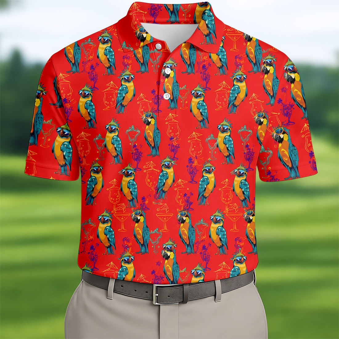 Red Parrot Sunglasses Cocktail Pattern Golf Shirt, Hawaiian Golf Shirt, Golf Shirts For Men, Mens Golf Apparel