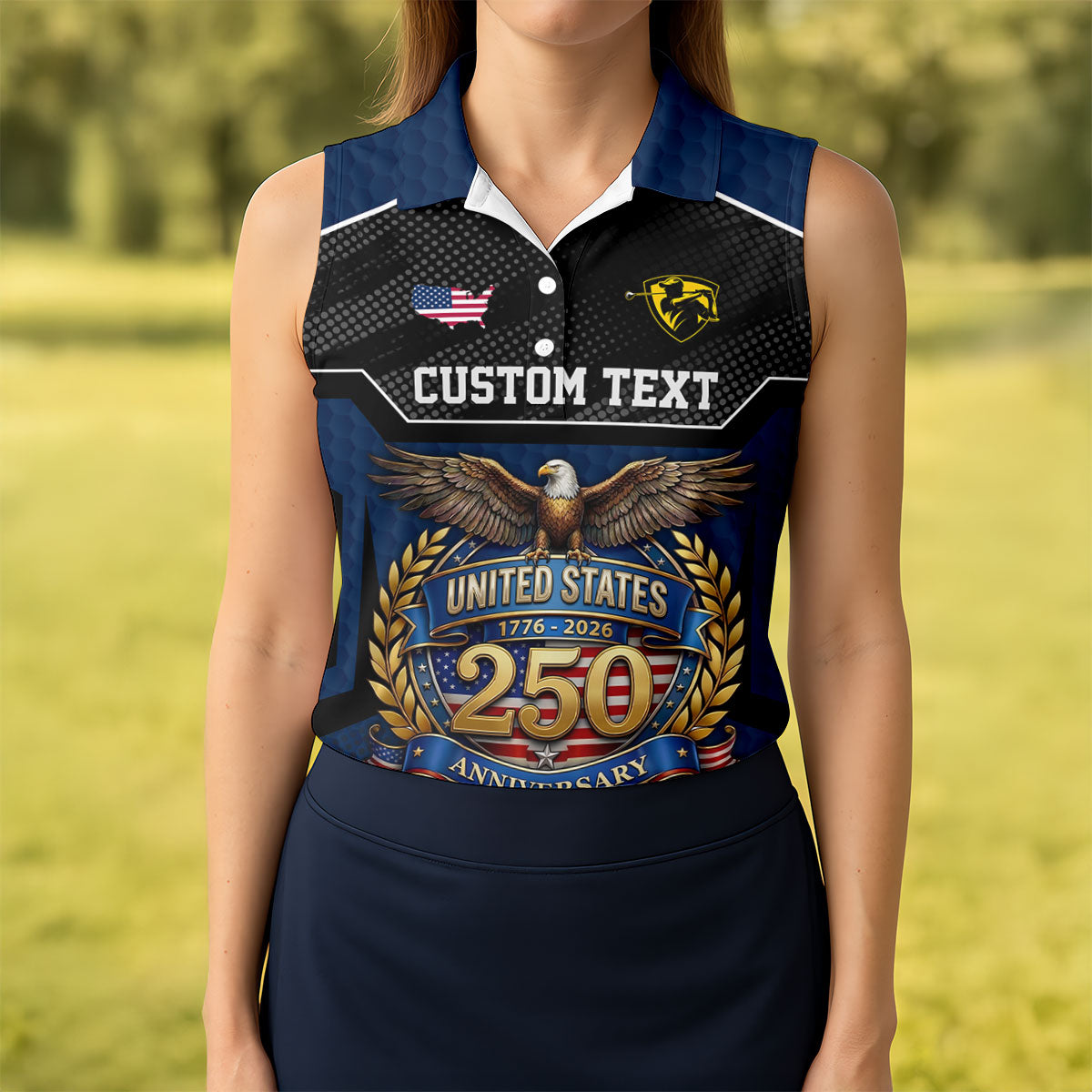 US 250 Anniversary Patriotic 4th Of July Navy Golf Shirt, Ladies Golf Shirts, Golf Shirt For Women