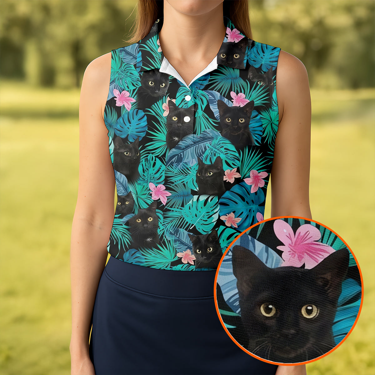 Black Cat Tropical Monstera Hawaiian Golf Polo Shirt, Golf Shirts For Women, Women's Golf Apparel