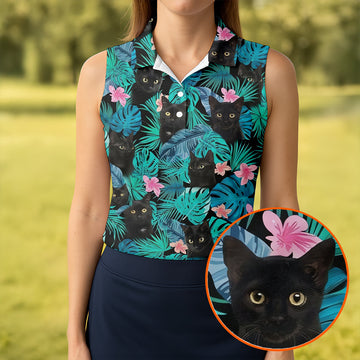 Black Cat Tropical Monstera Hawaiian Golf Polo Shirt, Golf Shirts For Women, Women's Golf Apparel