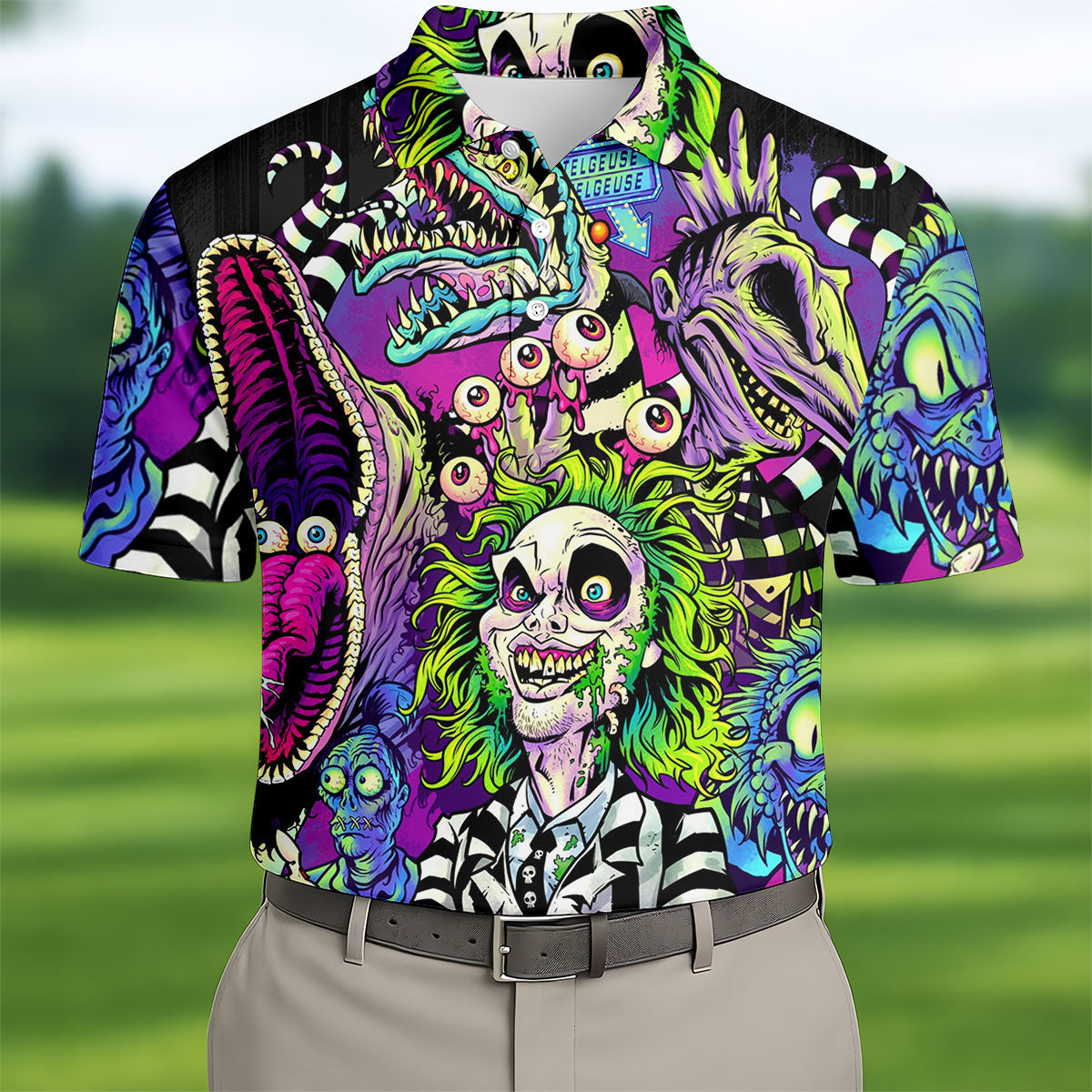 Neon Horror Character Monster Collage Golf Polo Shirt, Mens Polo Shirts, Golf Apparel For Men