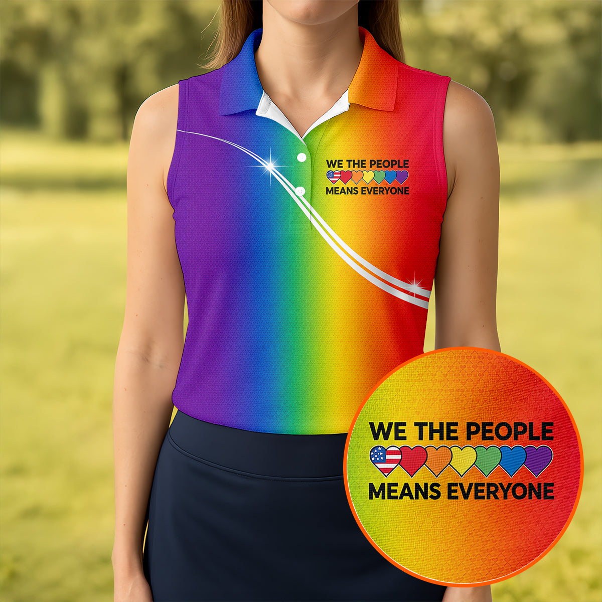 We The People Means Everyone LGBT Rainbow Gradient Ladies Golf Tops, Pride Month Golf Shirt For Women