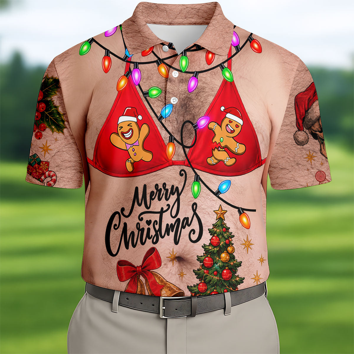 Merry Christmas Gingerbread Bra Polo Shirt, Mens Golf Shirts, Polo Shirts For Men