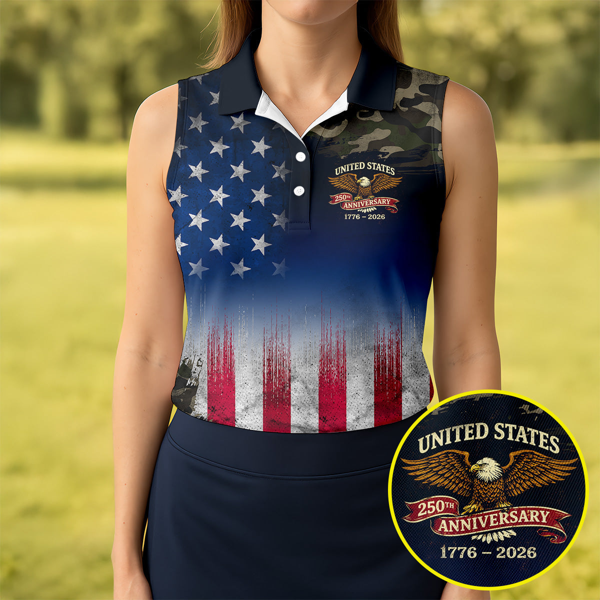 United States 250th Anniversary Camo Patriotic 4th Of July Golf Shirt, Distressed Flag Golf Shirt For Women