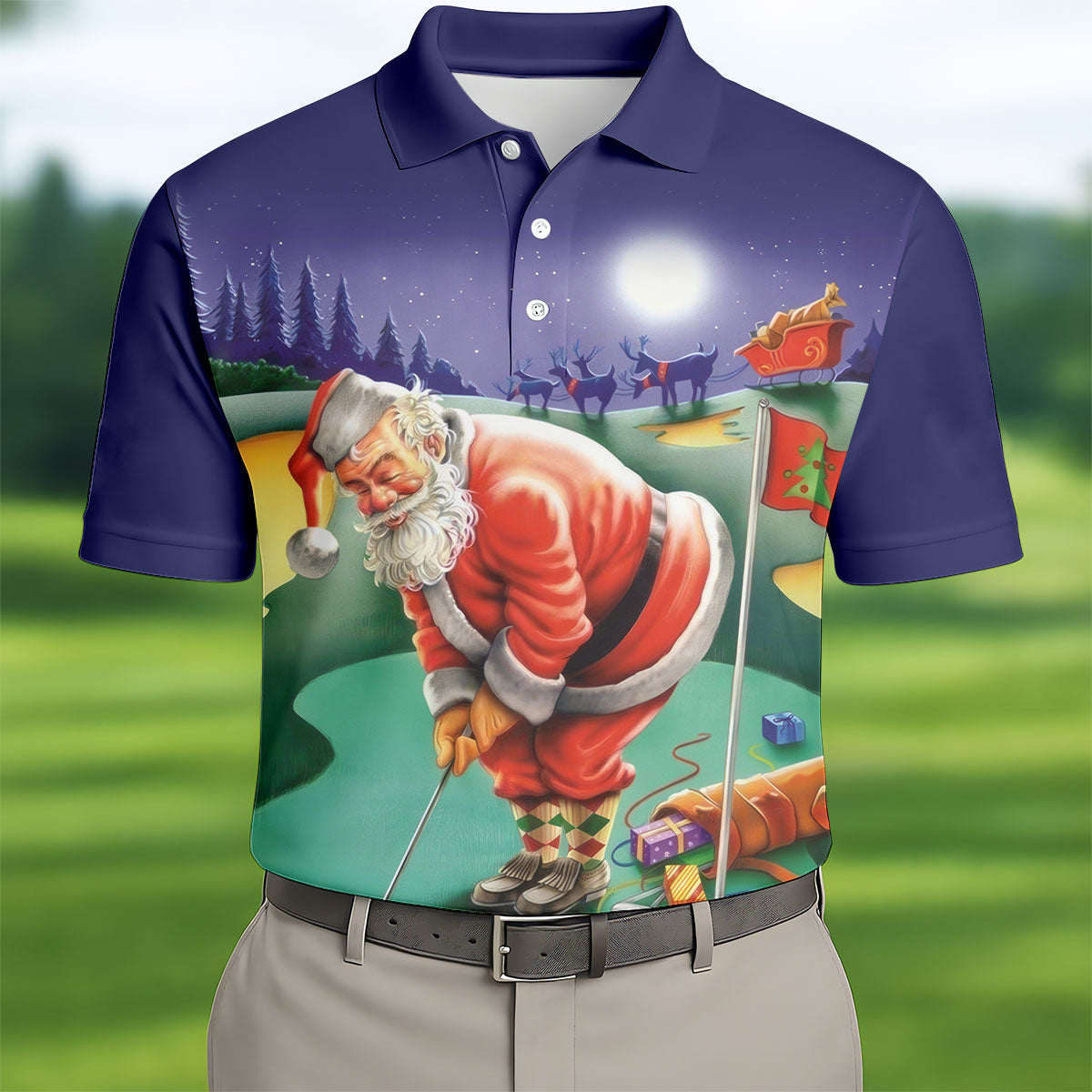 Men's Santa Night Golf Scene Golf Shirt, Christmas Golf Shirt, Golf Apparel For Men
