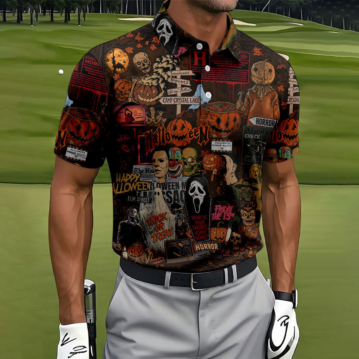 Horror Character Halloween Collage Golf Polo Shirt, Mens Golf Apparel, Polo Shirts For Men
