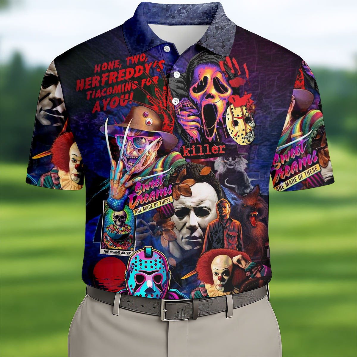 Vintage Horror Character Movie Villain Collage Golf Polo Shirt, Mens Golf Polo, Hawaiian Golf Shirt