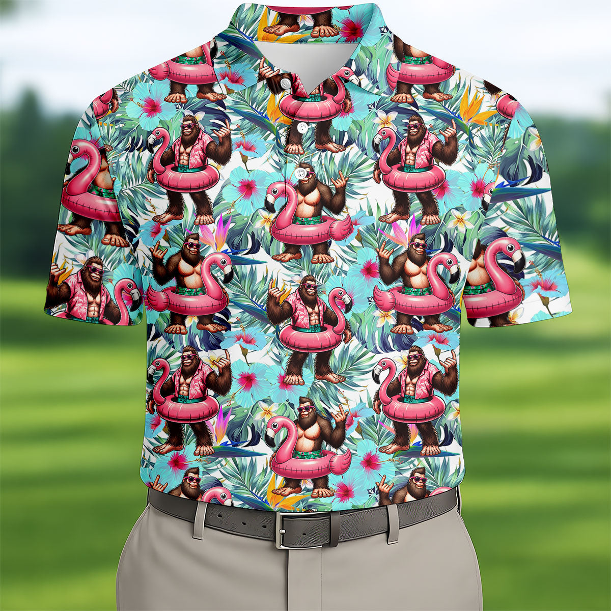 Funny Bigfoot Flamingo Float Tropical Golf Polo Shirt, Men's Golf Shirt, Golf Polo Shirts For Men