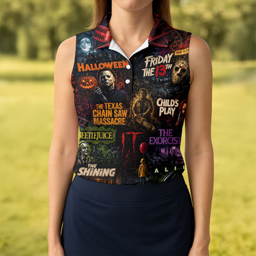 Classic Horror Character Movie Poster Collage Golf Polo Shirt, Women's Golf Polo, Printed Golf Shirts