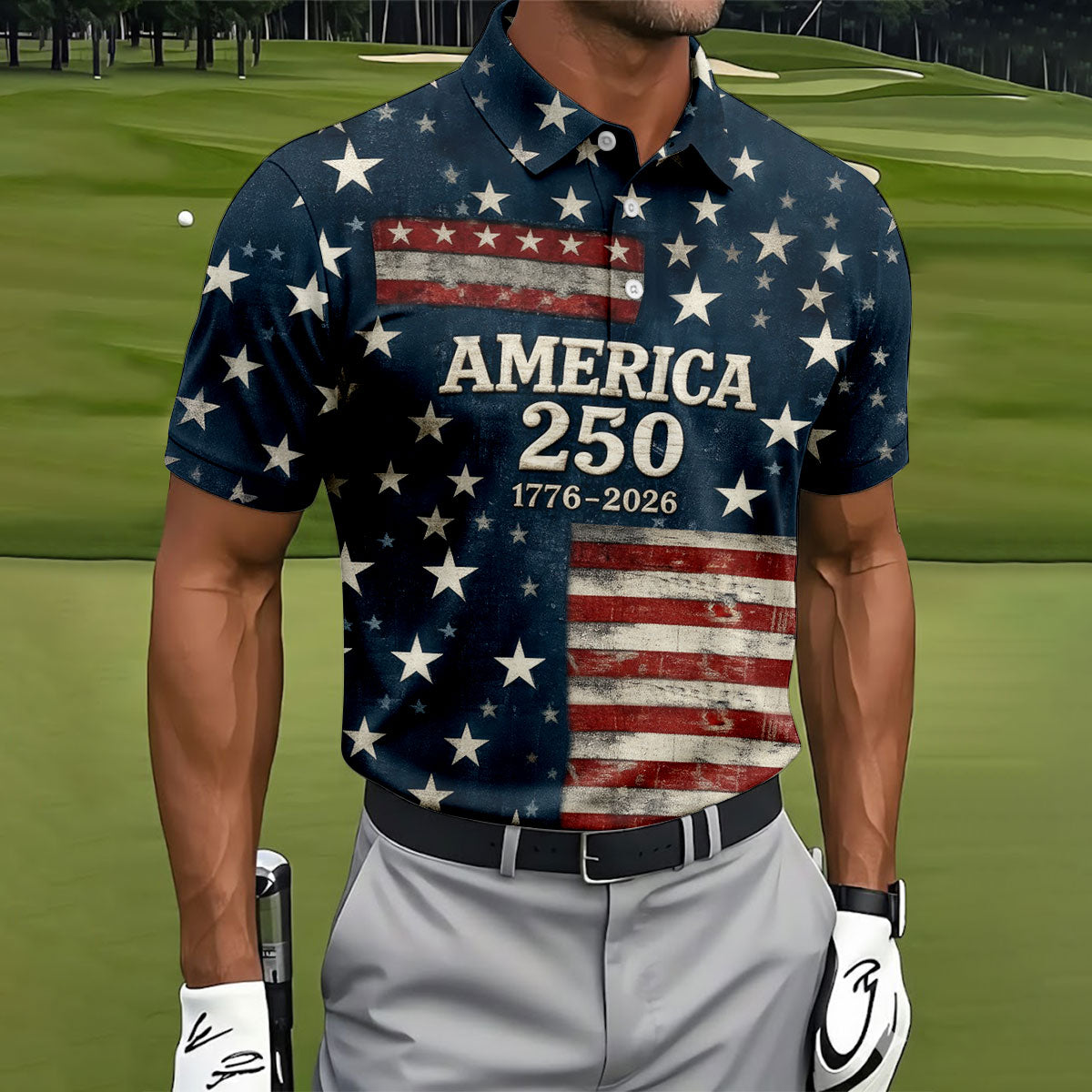 America 250 Distressed Flag 4th Of July Golf Shirt, Stars And Stripes Vintage Patriot Golf Shirts For Men