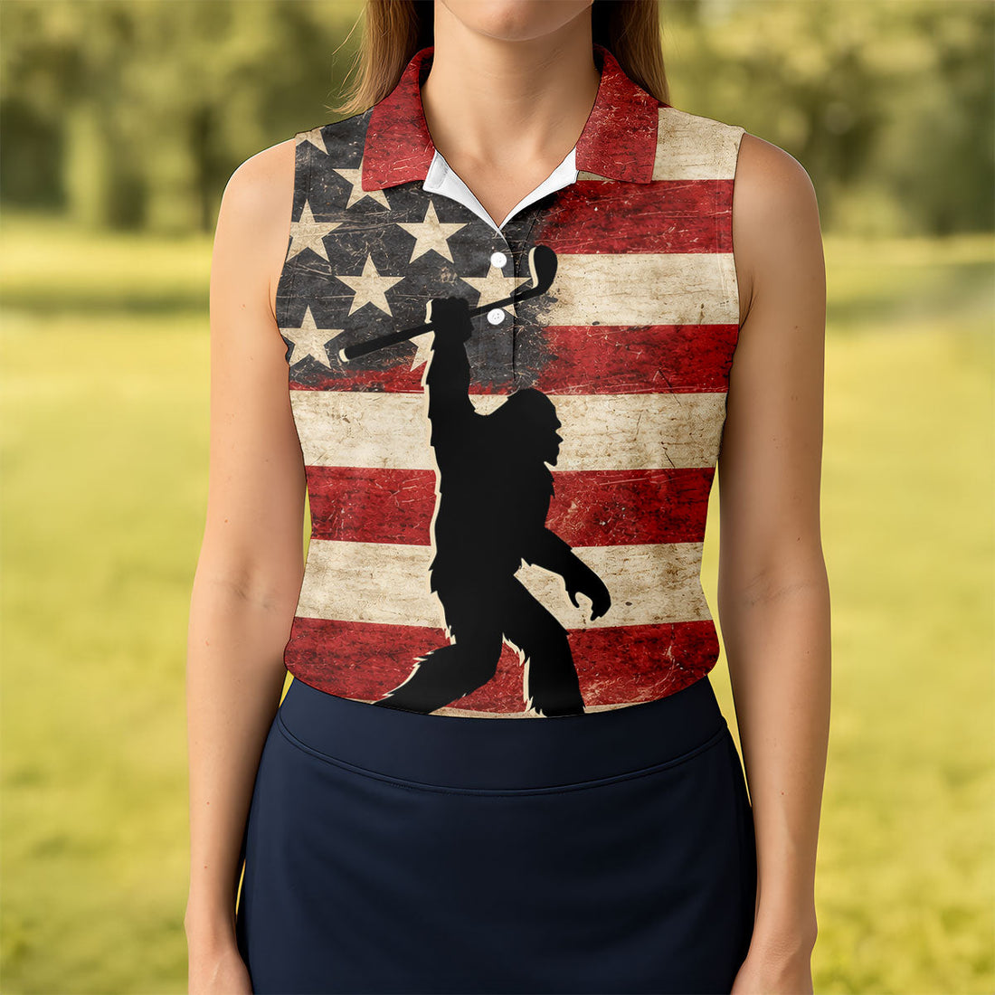 Vintage American Flag Bigfoot Golfer Polo Shirt, Women’s Golf Polo, Golf Tops For Women