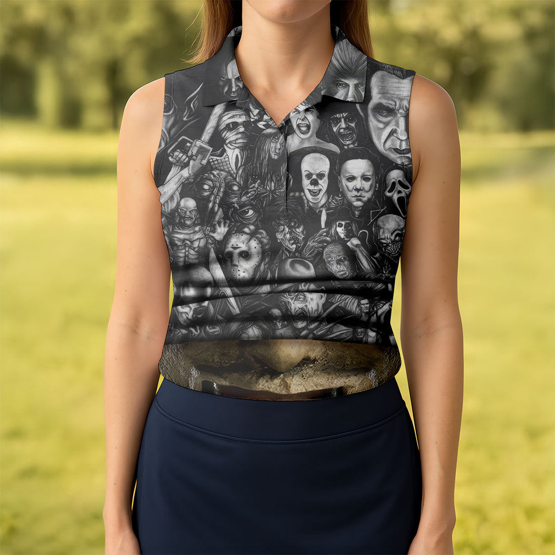 Leather Mask Horror Character Halloween Polo Shirt, Golf Shirts For Women, Ladies Golf Top