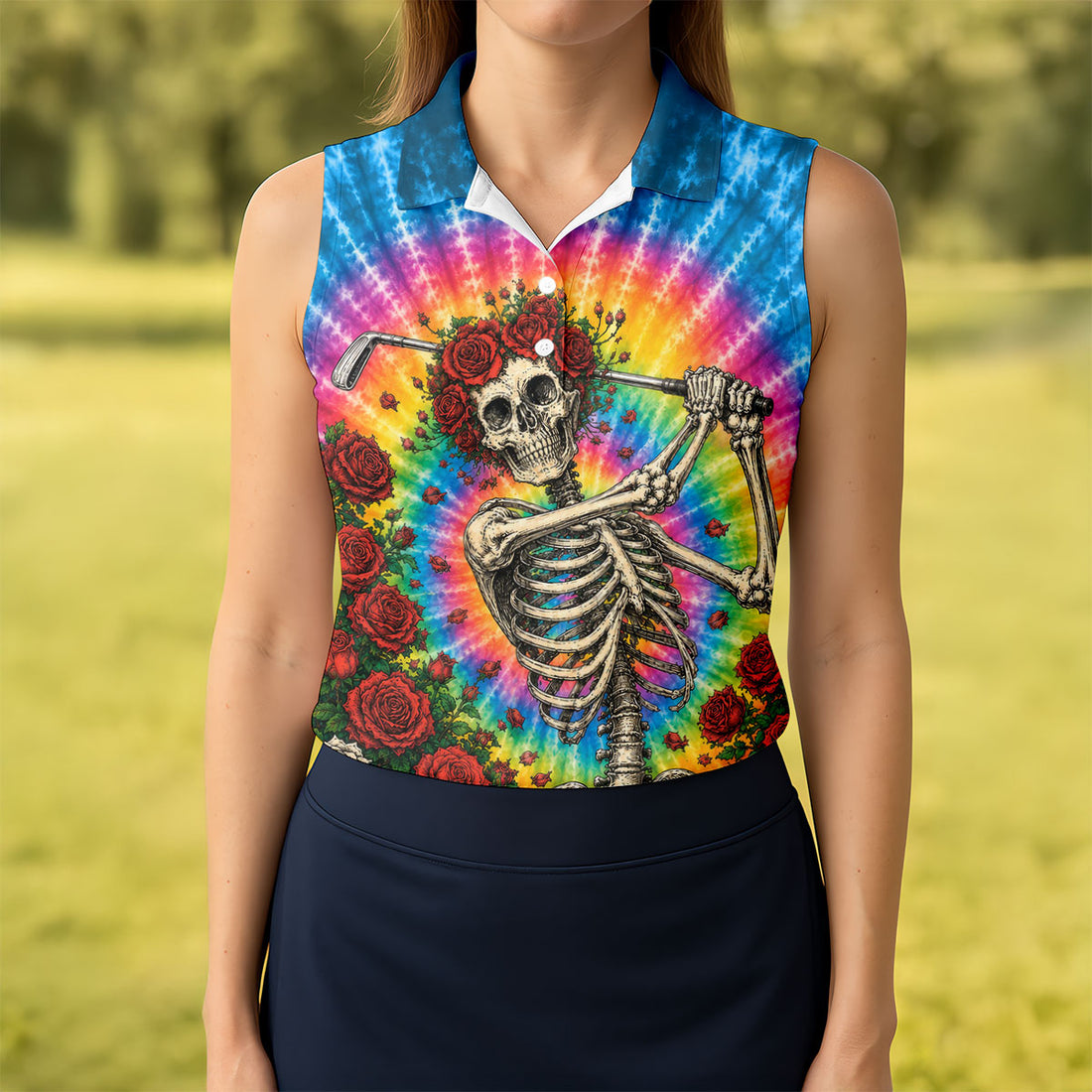 Rose Tie Dye Skeleton Golfer Halloween Polo Shirt, Womens Golf Tops, Printed Golf Shirt