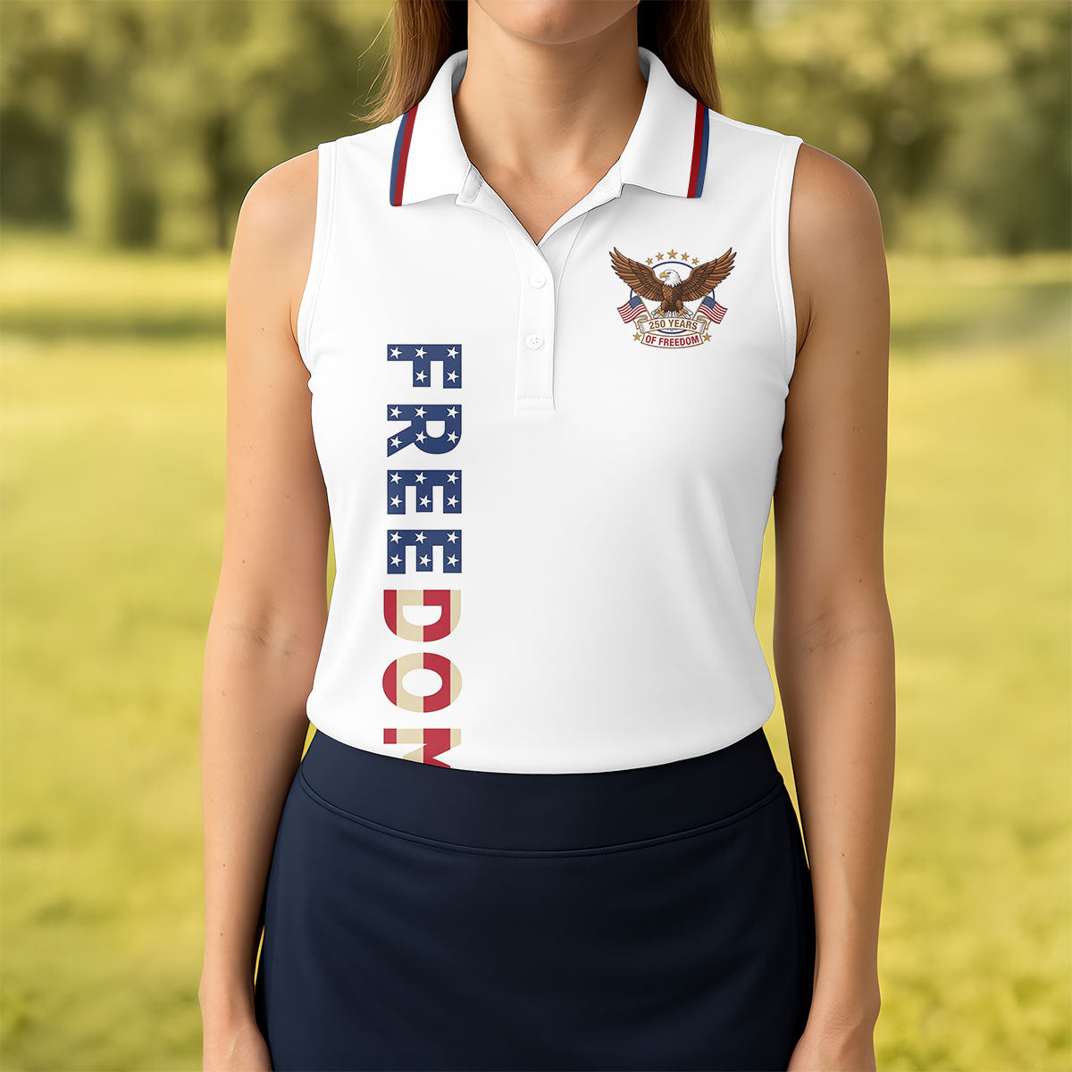 250 Years Of Freedom US Flag Logo White Golf Shirt, Patriotic 4th Of July Golf Shirt For Women