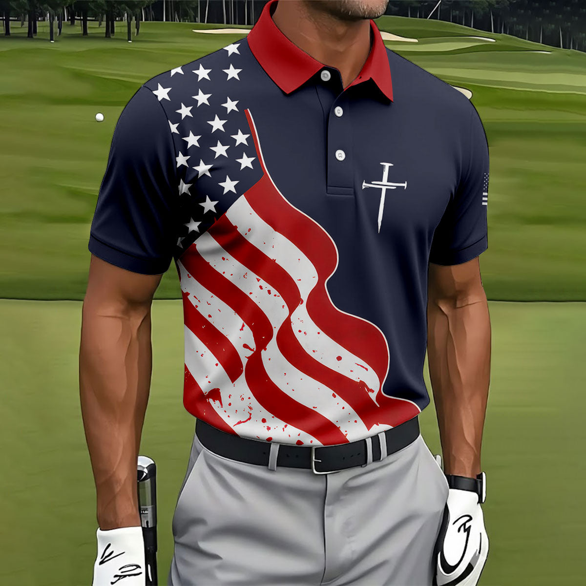 Faith Cross America 250th Anniversary 4th Of July Shirt, Patriotic Navy Golf Shirts For Men