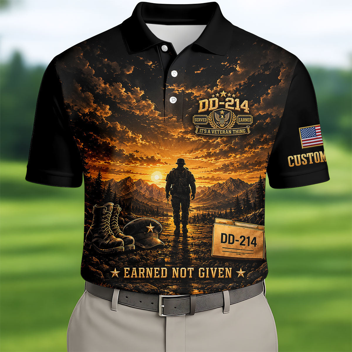 Custom DD-214 Sunset Soldier Golf Polo Shirt, Veterans Day Shirt, Mens Golf Shirts
